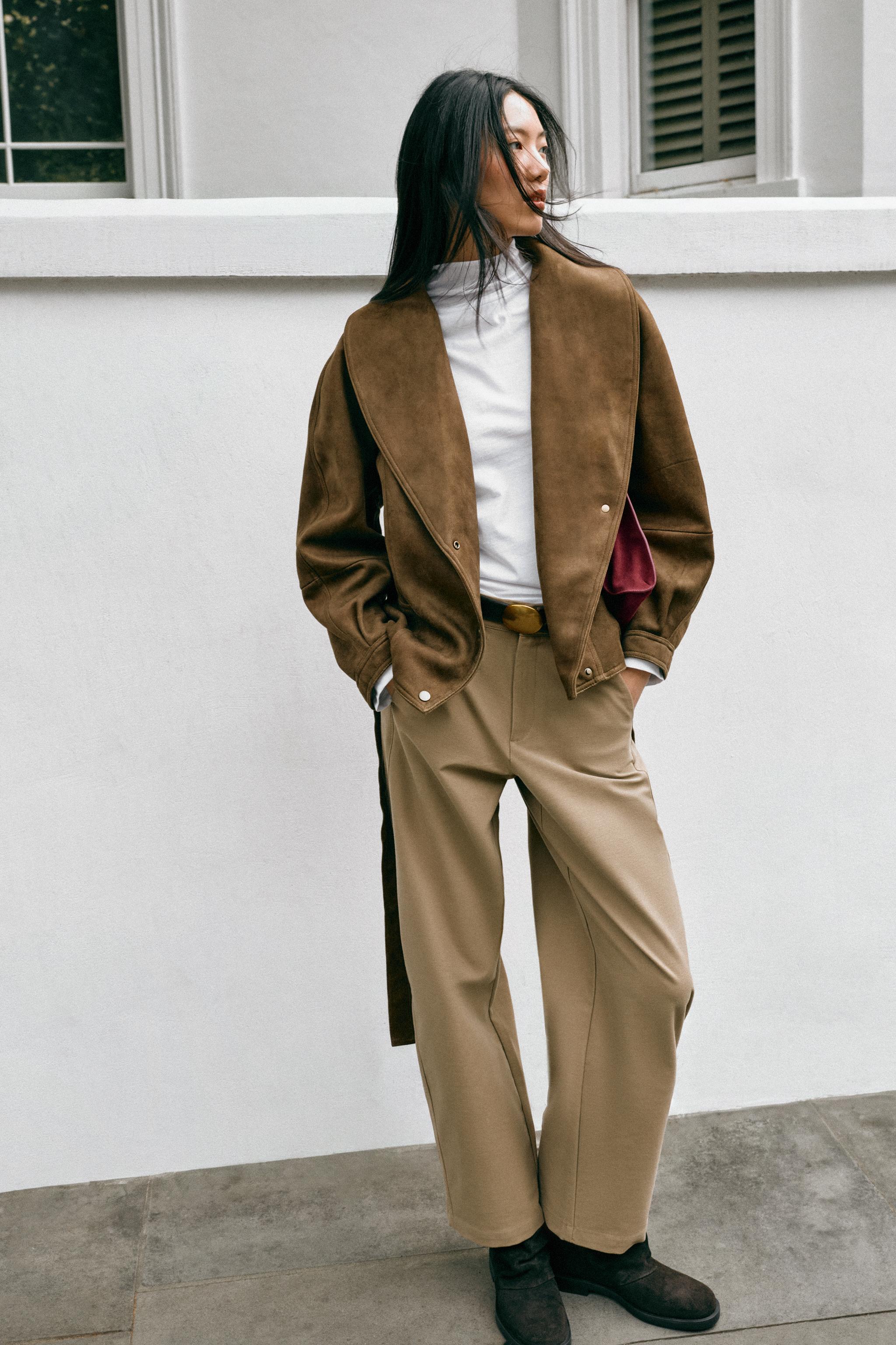 FAUX SUEDE BELTED JACKET — taupe brown