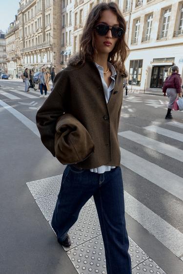 MANTEAU AVEC LAINE COL EFFET FOURRURE - Kaki foncé de Zara - Image 3