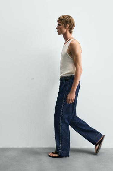 EMBROIDERED STRIPE JEANS - Indigo by Zara