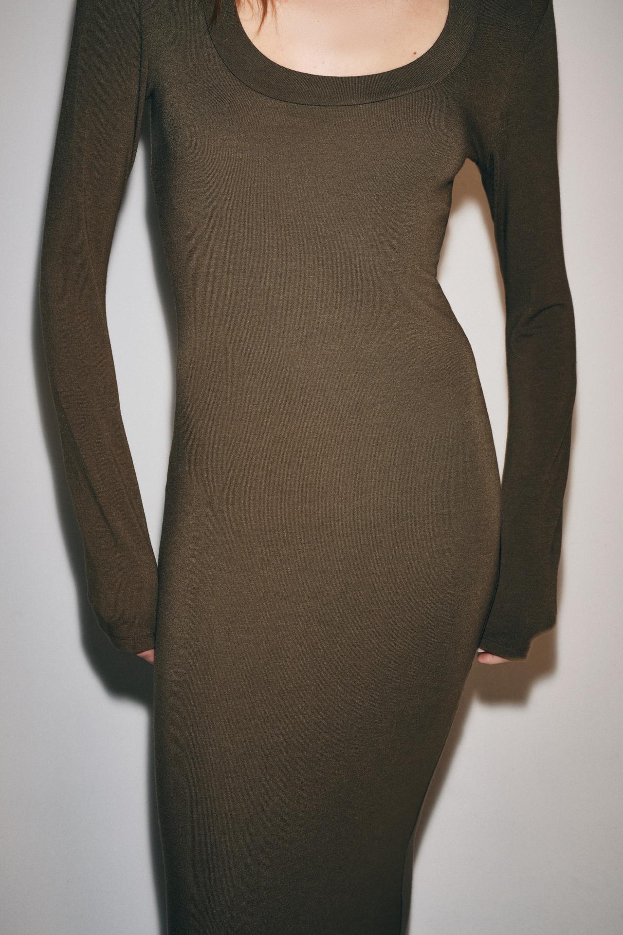 LONG FUNNEL NECK DRESS — Dark khaki