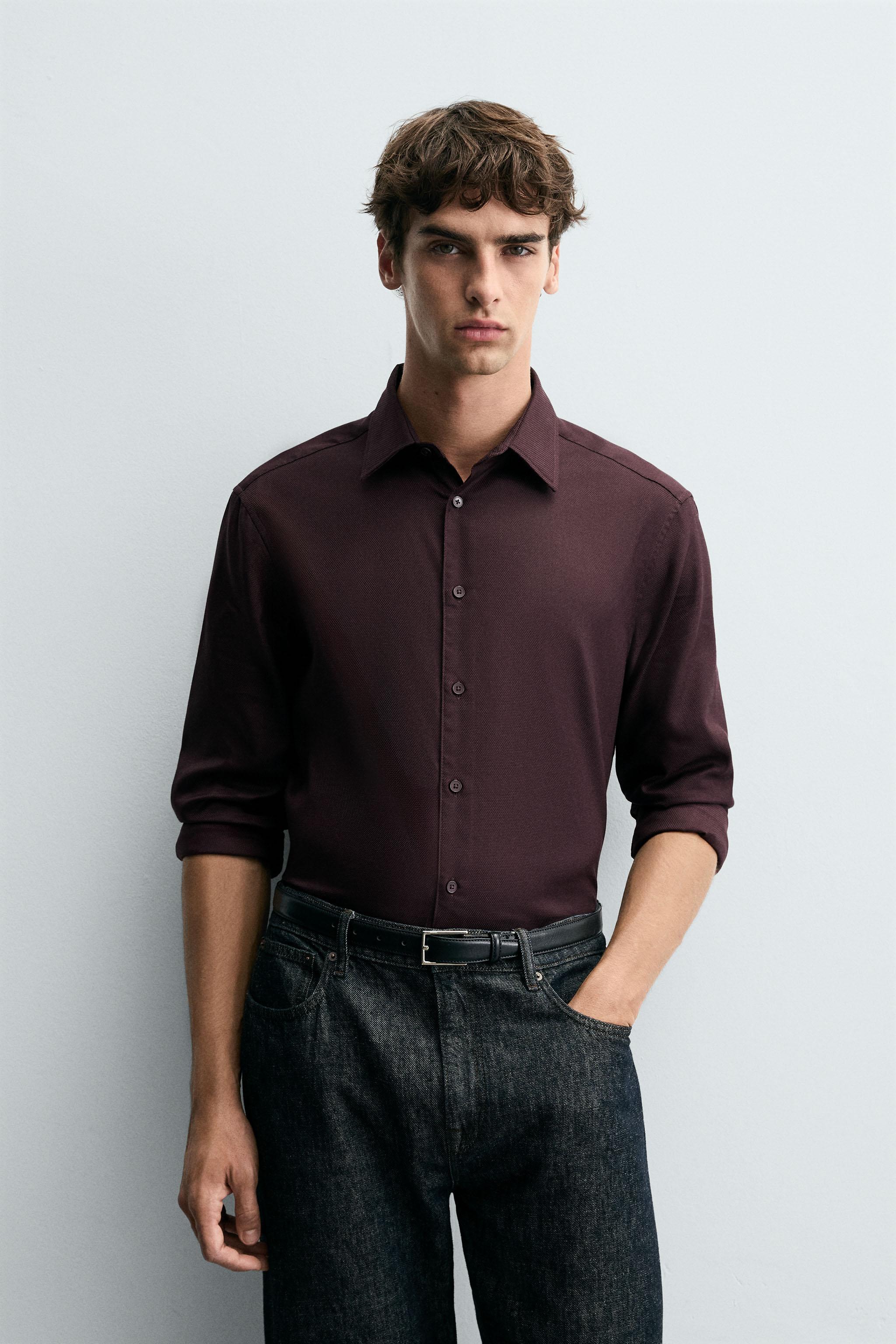 beamsスーツ　ZARAシャツ JACQUARD TEXTURED SHIRT - Navy blue | ZARA Canada