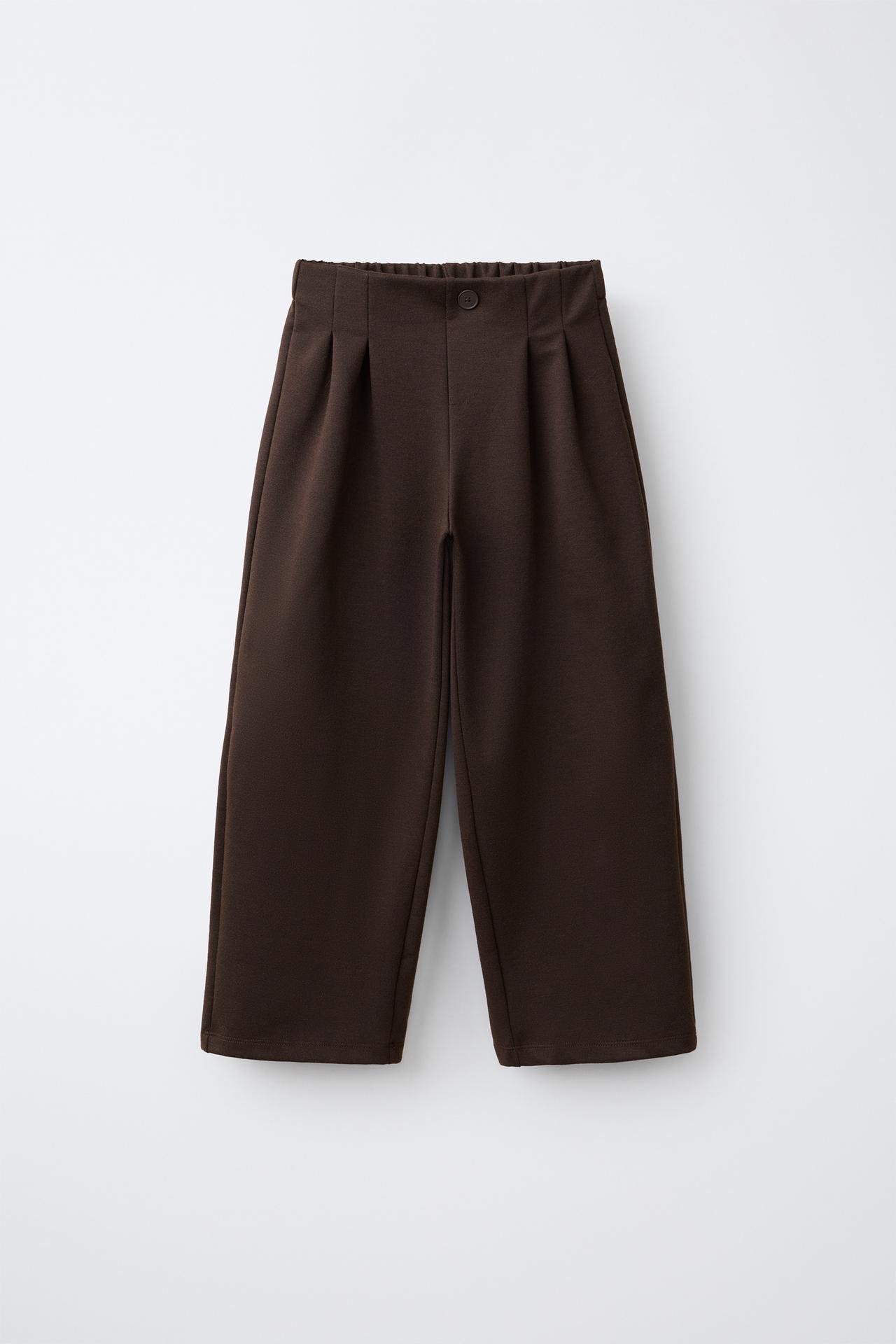 PLEATED WIDE LEG PUNTO ROMA PANTS — Brown