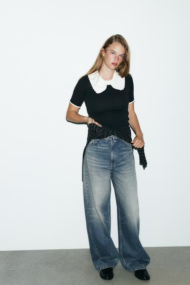 Zara KNIT COLLAR BOW T-SHIRT - Black
