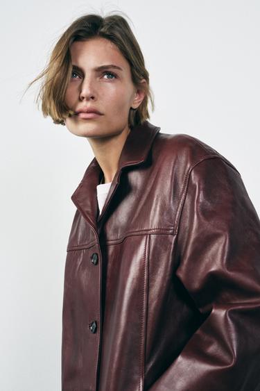 ZW COLLECTION LEATHER JACKET - Burgundy by Zara
