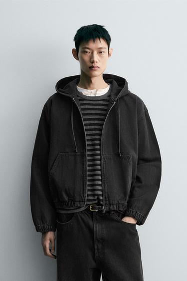 후드 자수 데님 재킷 - Zara 먹색