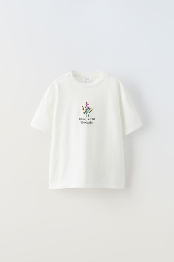 FLORAL EMBROIDERY T-SHIRT - Beige | ZARA United States