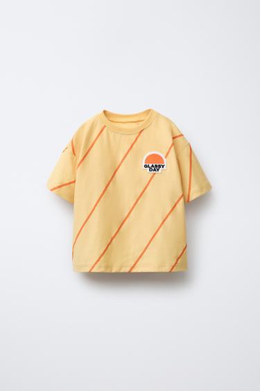 STRIPED T-SHIRT WITH PATCH - Ochre by Zara - Image 0
