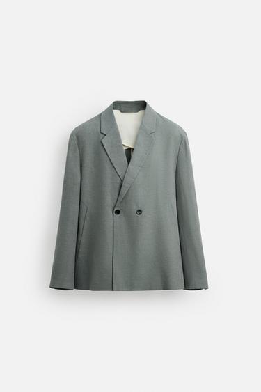 Zara 100% LINEN DOUBLE BREASTED SUIT BLAZER - Washed green