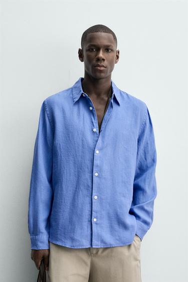 CAMISA REGULAR FIT 100% LINO - Azul lavado de Zara