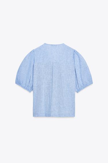 LINEN BLEND TIE BLOUSE - Blue by Zara - Image 5