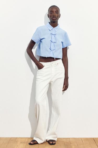 CAMISA LAZOS MANGA CORTA - Blanco / Celeste de Zara