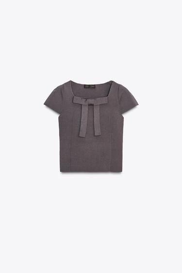 KNIT TOP WITH BOW - Charcoal grey by Zara - Image 0