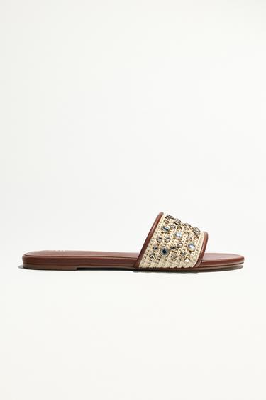 FLAT SANDALS WITH RHINESTONE BEADING - Light beige by Zara