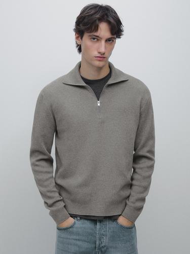 Zara Cotton mock neck knit sweater with zip - Gray / Beige