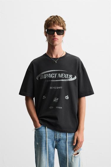 Zaras URTVÄTTAD T-SHIRT MED TRYCK - Mörk antracit