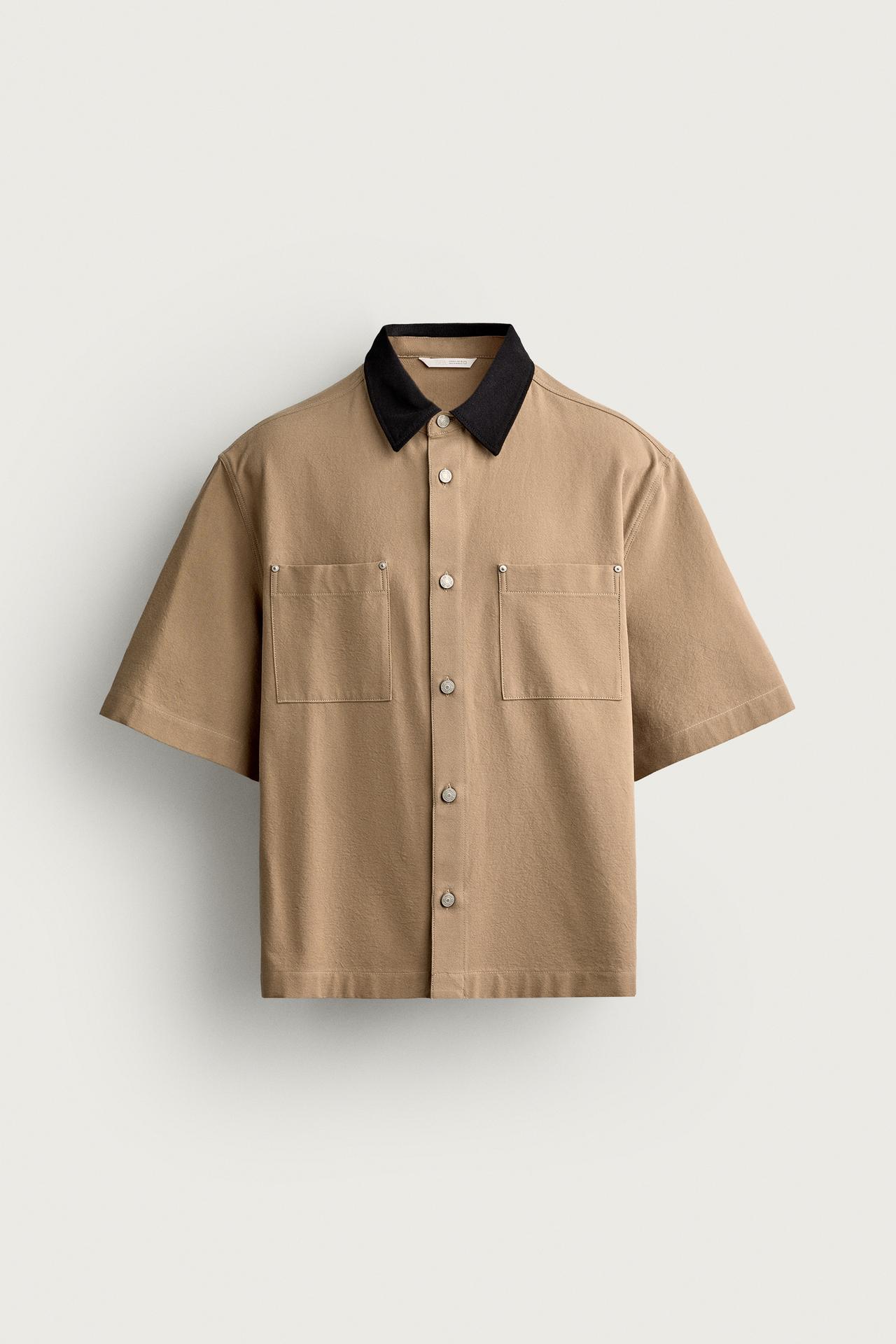 CONTRAST COLLAR POCKET SHIRT — taupe brown