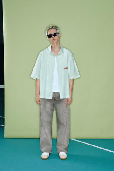 STRIPED SHIRT WITH CONTRAST SLOGAN - Green by Zara - Image 0
