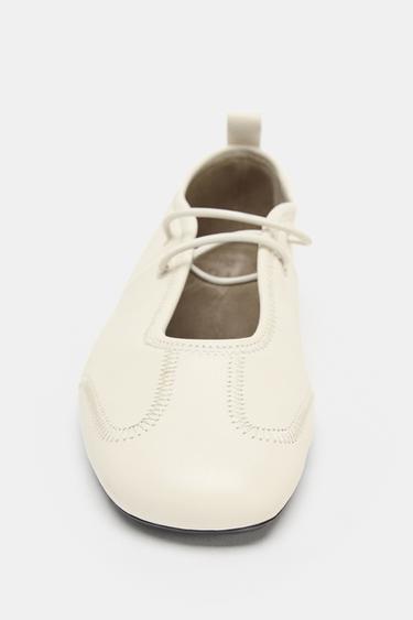 LEATHER TOPSTITCHED BALLERINAS - White by Zara - Image 4