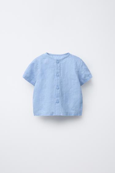 Zara 100% LINEN SHIRT - Mid-blue
