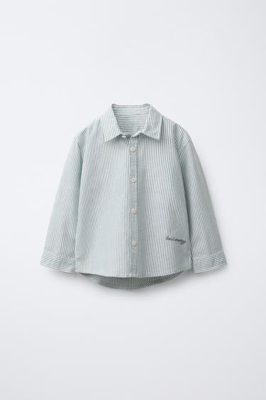 CAMISA RAYAS TEXTO BORDADO - Verde de Zara