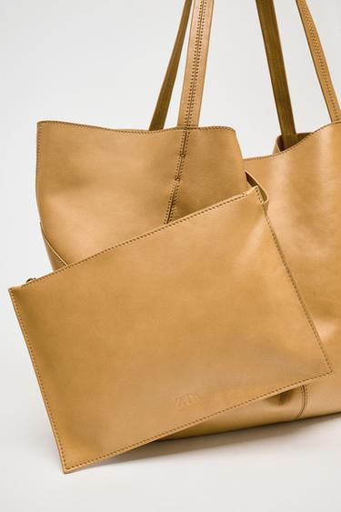 MAXI SAC SHOPPER EN CUIR SURPIQUÉ - Marron clair de Zara - Image 3