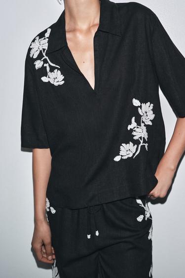 Zara EMBROIDERED BEADED SHIRT ZW COLLECTION - Black / White