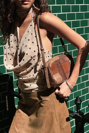 Zara POLKA DOT HALTER SCARF TOP - Beige / Taupe brown