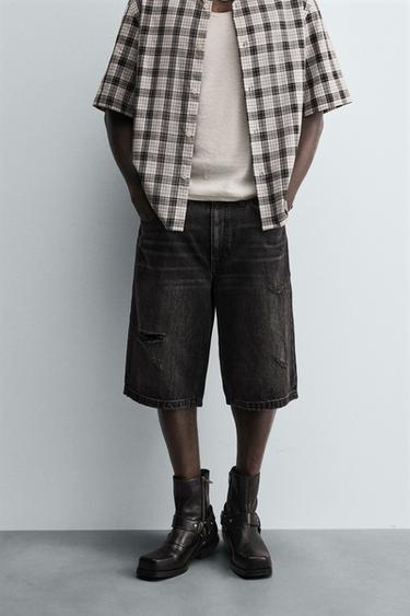 RIPPED BAGGY FIT DENIM BERMUDA SHORTS - Charcoal by Zara