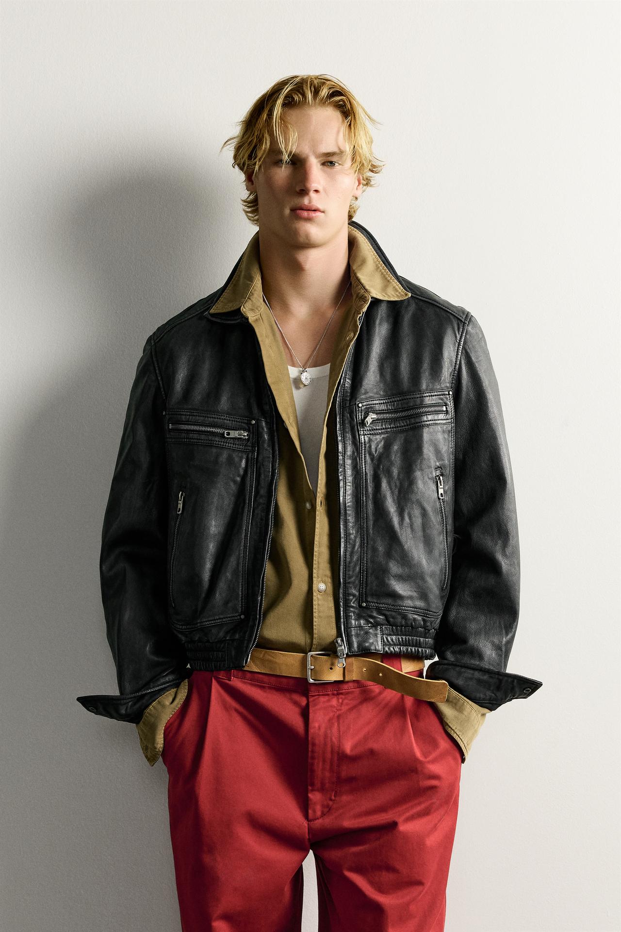 WASHED LEATHER CROPPED FIT JACKET — Black