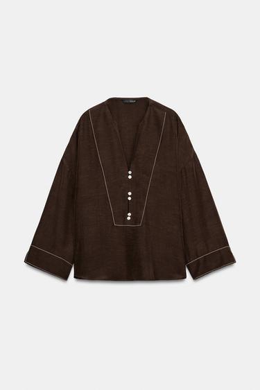 LINEN BLEND SHIRT WITH CONTRAST STITCHING - Brown by Zara