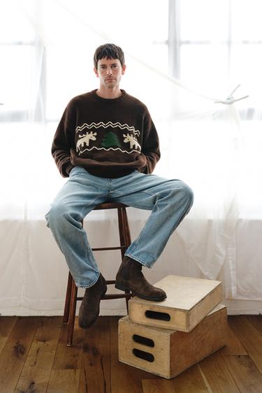 KNIT JUMPER WITH EMBROIDERED REINDEER - Brown by Zara