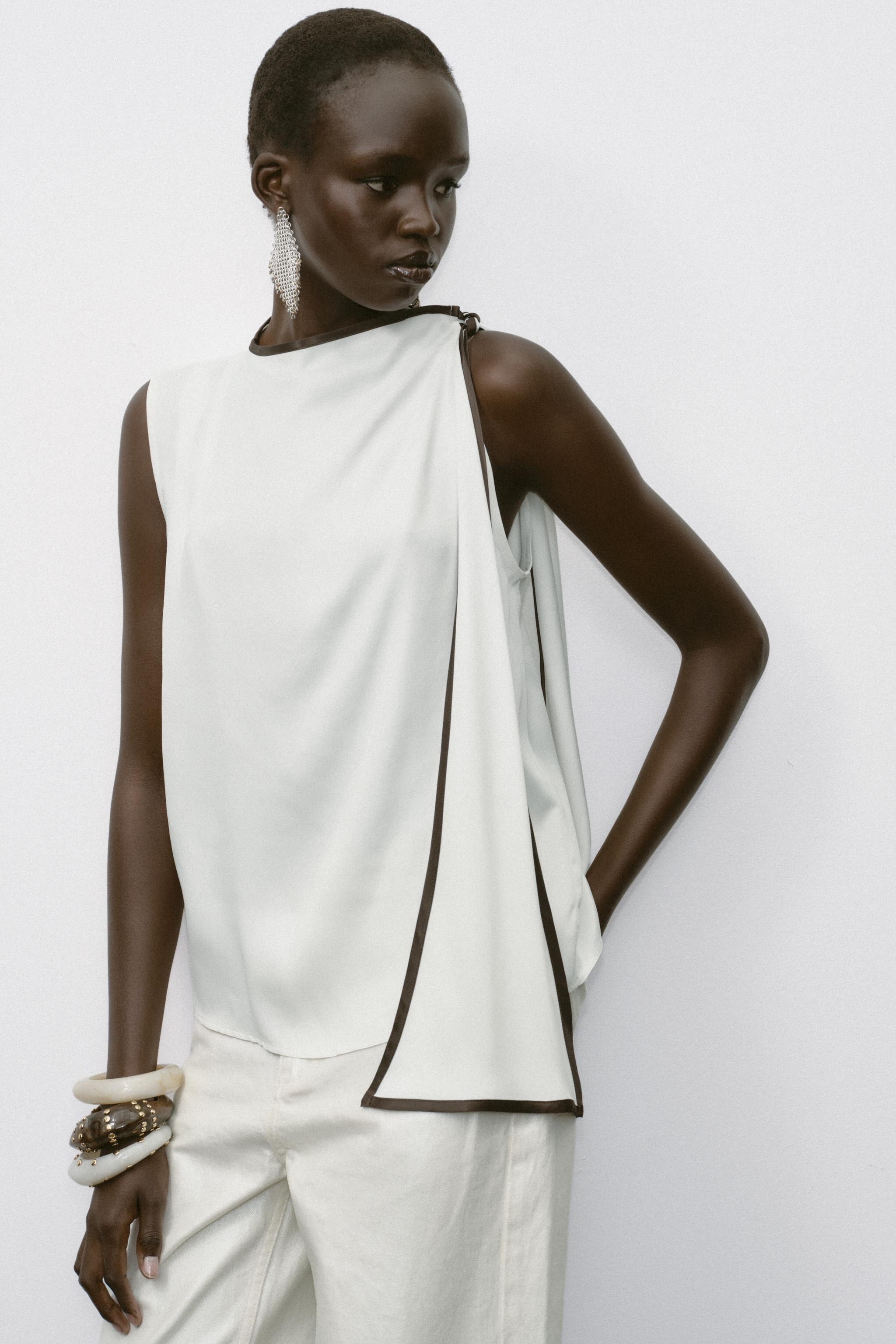 SATIN EFFECT BOW TRIM TOP - Ecru / Brown | ZARA United States