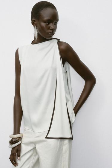 TOP SATINÉ NŒUD LISERÉS CONTRASTE - Écru / Marron de Zara - Image 4