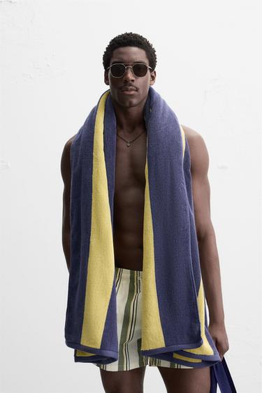 Zara STRIPED BEACH TOWEL - Ecru / Blue - Image 0