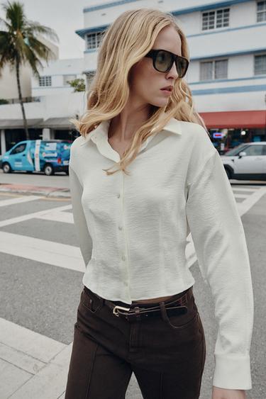 Zara SATIN EFFECT FITTED WAIST SHIRT - Ecru
