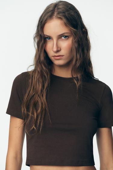 CROPPED STRETCH T-SHIRT - Chocolate by Zara