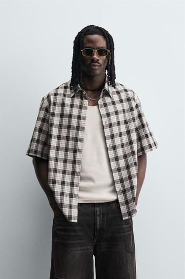 Zara TEXTURED PLAID SHIRT - Black / White