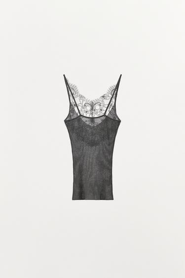 KNIT LACE STRAP TOP - Grey by Zara - Image 3