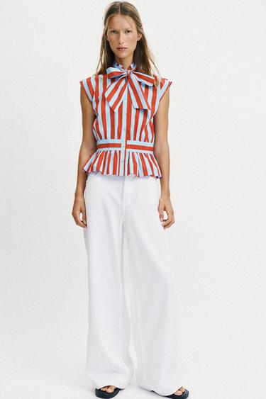 STRIPED BLOUSE WITH KNOT DETAIL - Red Stripe by Zara - Image 0