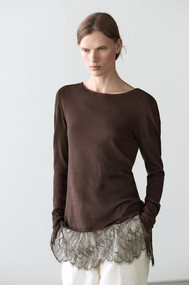 Zara Long sleeve T-shirt with lace detail - Brown