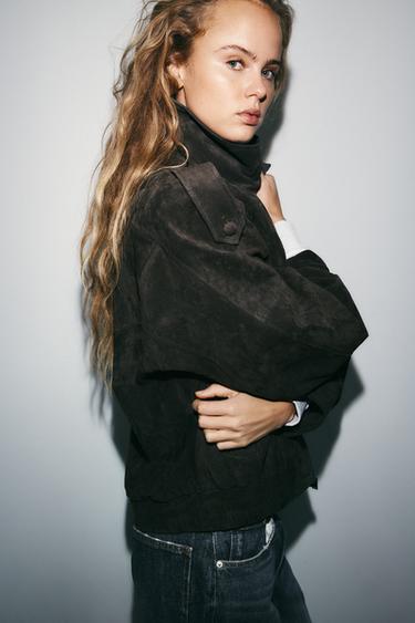 100% SUEDE LEATHER BIKER JACKET WITH COVERED BUTTONS - Charcoal by Zara - Image 3