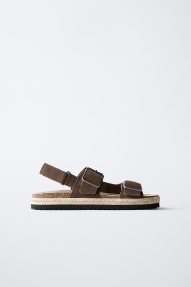 LEATHER SANDALS WITH JUTE BUCKLES - Brown by Zara - Image 0