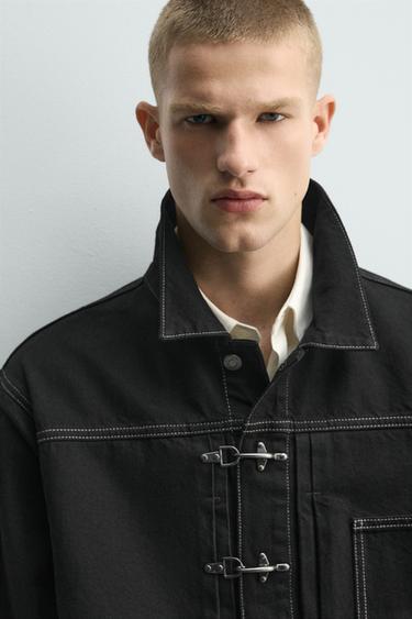Zara 寬版斜紋棉質外套 - 黑色
