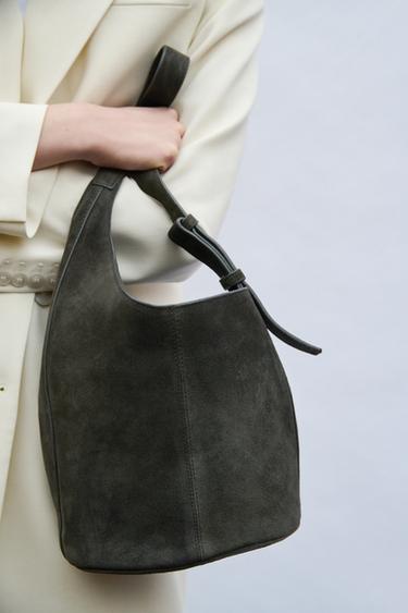 ASYMMETRIC SOFT SPLIT SUEDE MINI BUCKET BAG - Green by Zara - Image 1