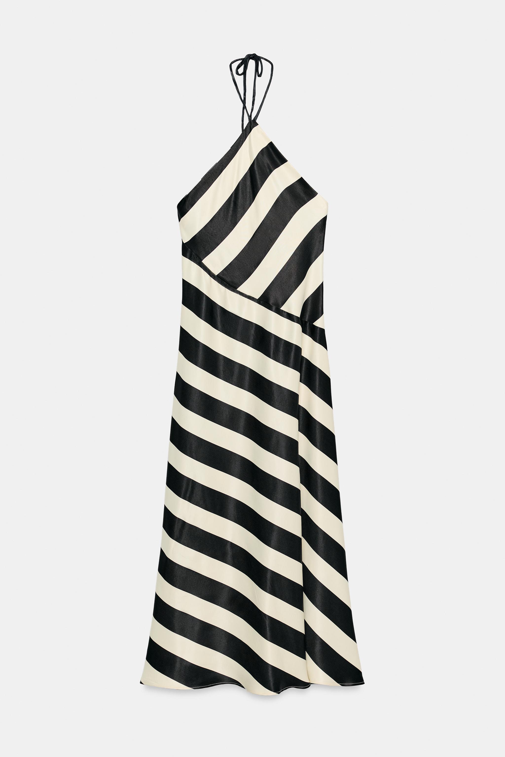 STRIPED MIDI HALTER DRESS