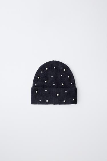 KNIT HAT WITH FAUX PEARLS - Navy blue by Zara - Image 0