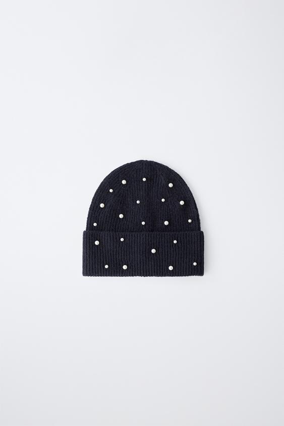 KNIT HAT WITH FAUX PEARLS - Navy blue by Zara - Image 0