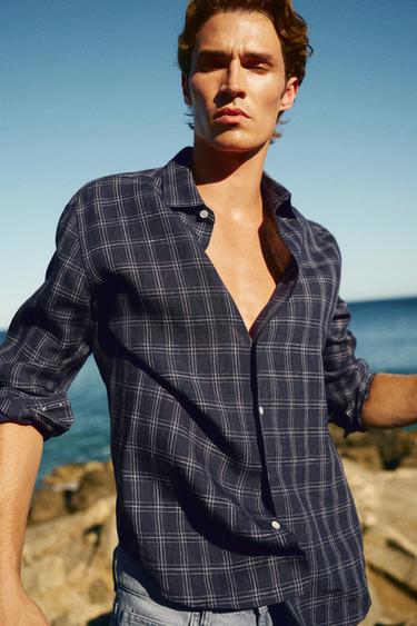 Chemise regular fit à carreaux 100 % lin - Bleu de Zara