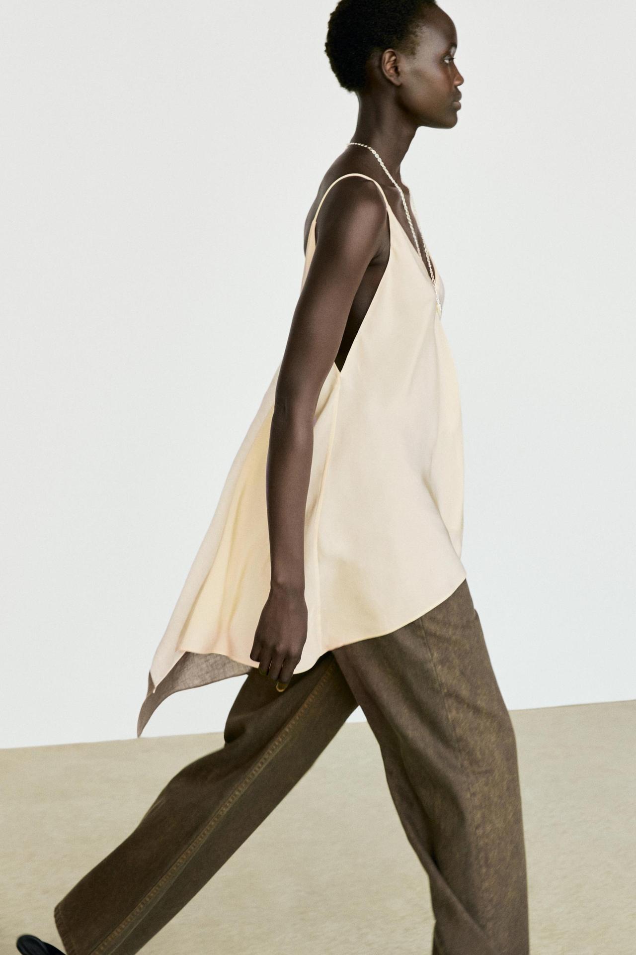 Asymmetric strappy flowing top — Ecru