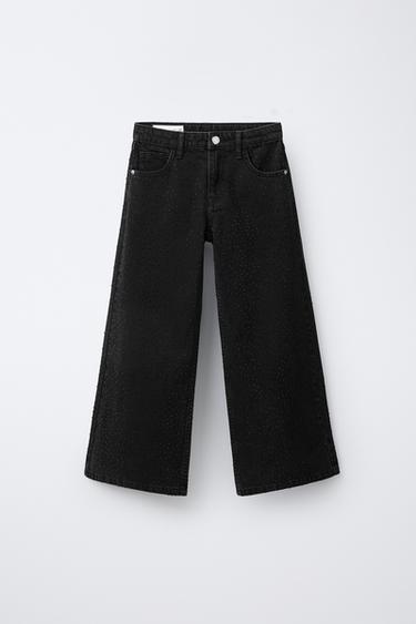 Zara WIDE LEG GLITTER DENIM PANTS - Black